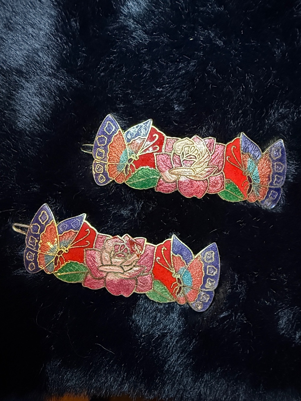 Pair of Vintage Cloisonne Barrettes Rose Butterfly Design